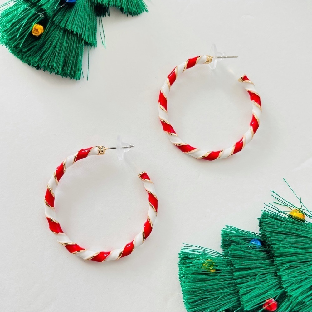 Candy cane stripe hoop earrings holiday red white NEW